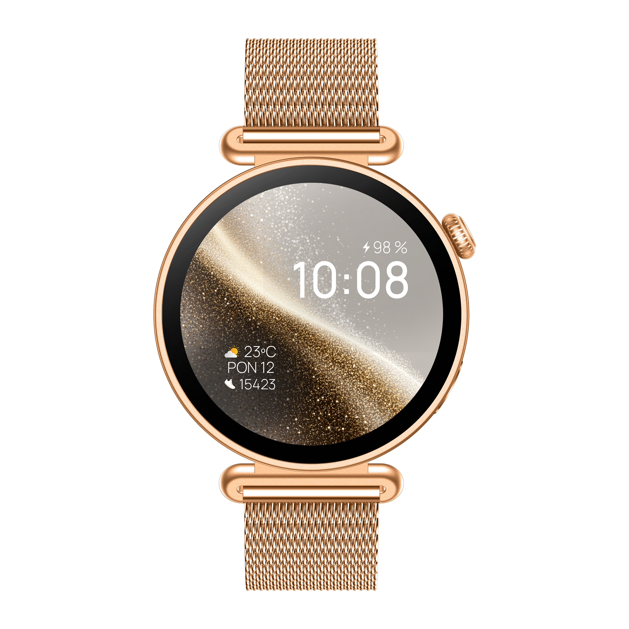 Smartwatch oro rosa con cinturino a rete. Mostra 10:08, 98% batteria, 23°C, passi.