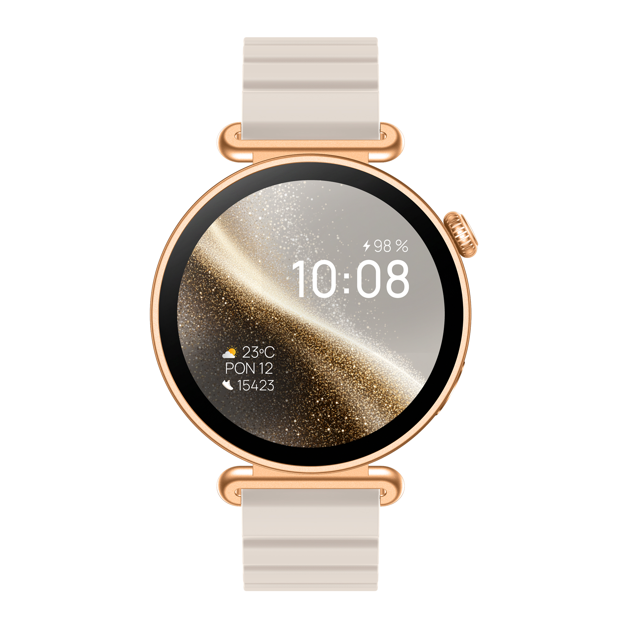 Orologio smart dorato con cinturino bianco, mostra 10:08, 98% batteria.