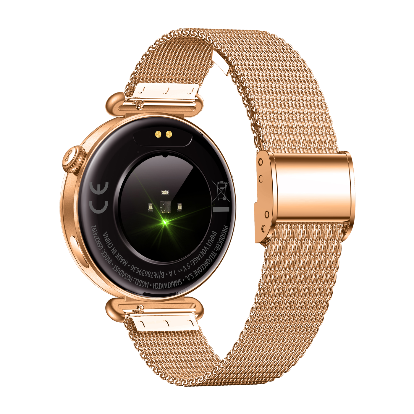 Uno smartwatch color oro con cassa rotonda e cinturino in mesh.