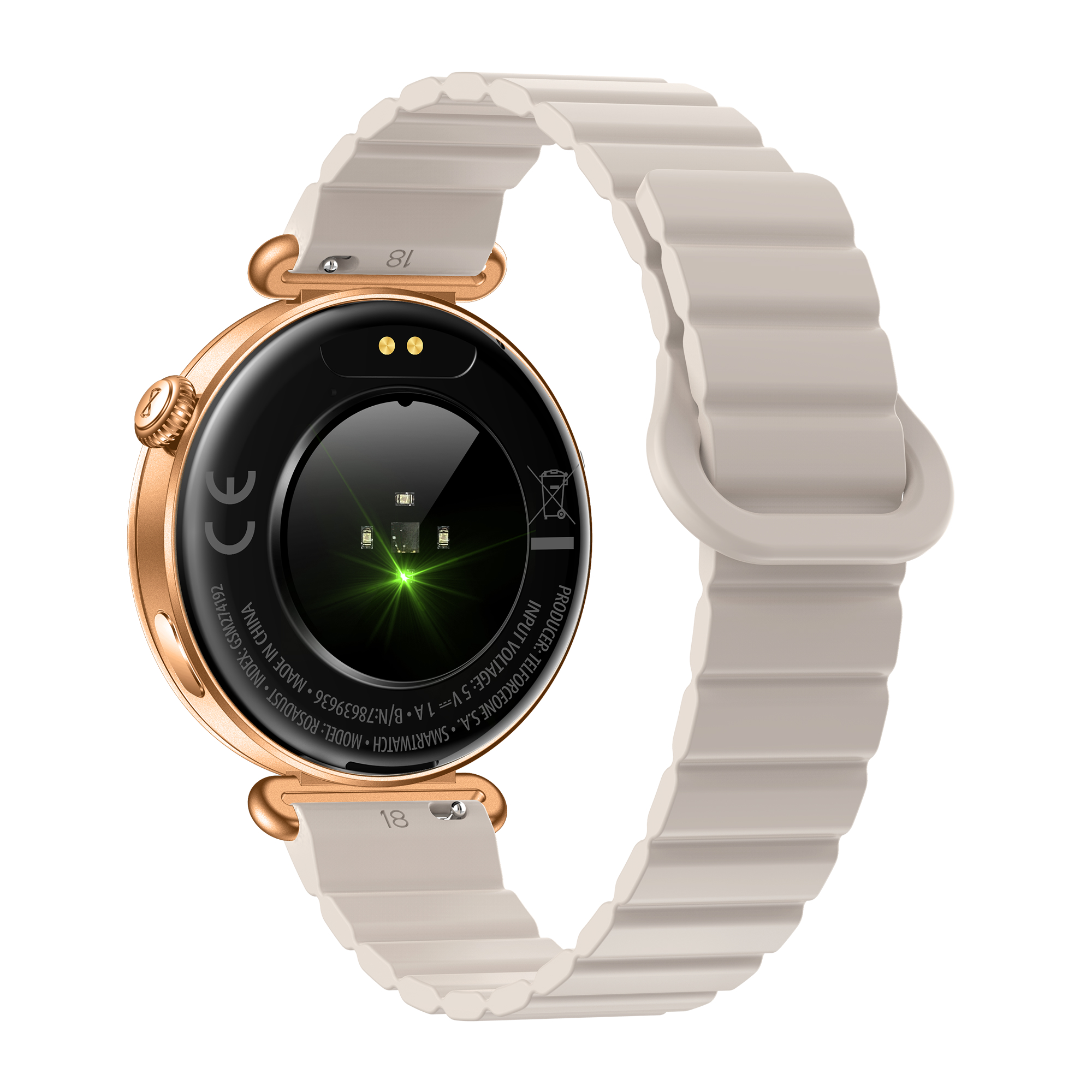 Uno smartwatch dorato con cinturino beige ondulato. Dettagli posteriori visibili.