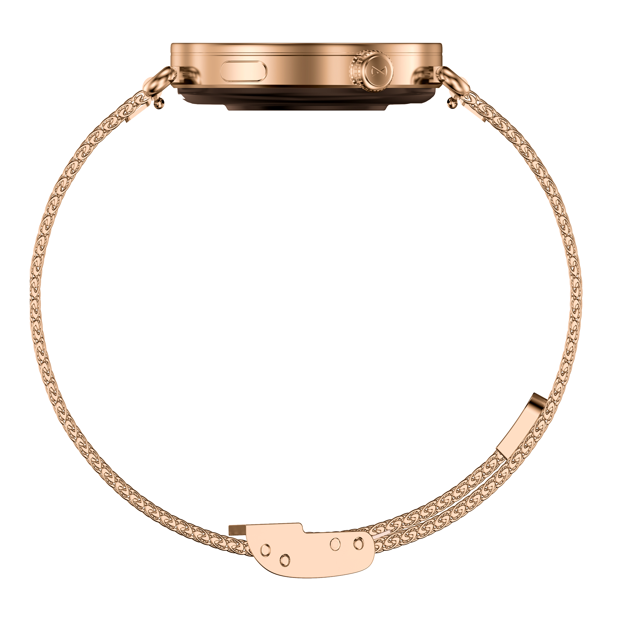 Uno smartwatch color oro rosa con cinturino in rete e un pulsante.