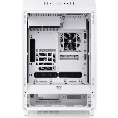 Een witte computerkast met zichtbare ventilatoren en poorten.