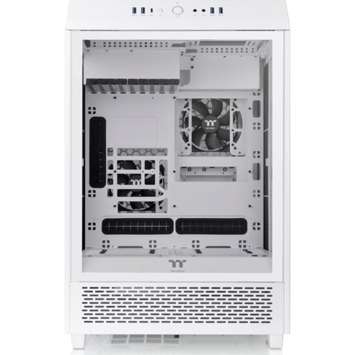 Open witte computerkast met zichtbare ventilatoren en interne componenten.
