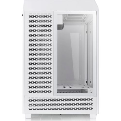 Een witte computerkast met glazen zijpaneel en ventilatieopeningen.