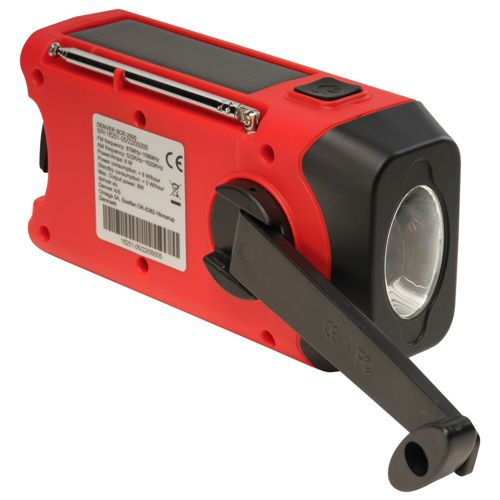 Linterna de emergencia roja con panel solar, manivela y antena de radio.