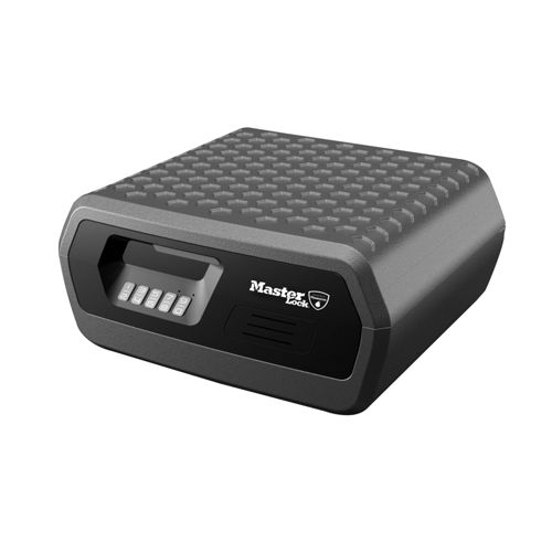 Caja fuerte Master Lock gris con teclado digital y ranuras de ventilación.