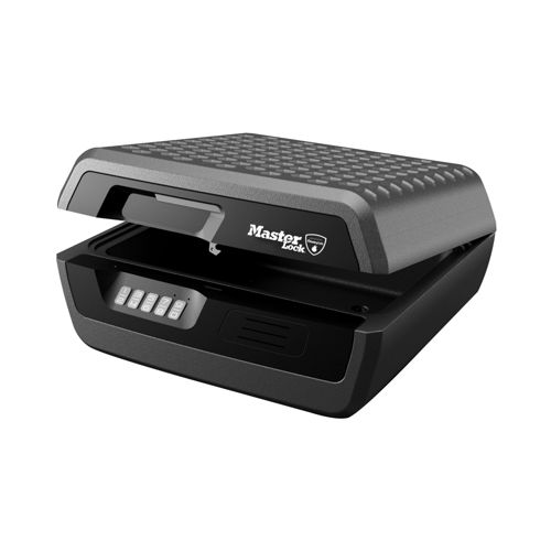 Una caja fuerte Master Lock negra con la tapa abierta y teclado digital.