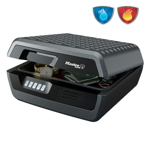 Caja fuerte gris abierta con teclado digital, reloj, dinero y llaves.