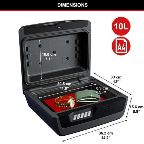 Caja fuerte negra abierta con reloj y cartera, se muestran las dimensiones.