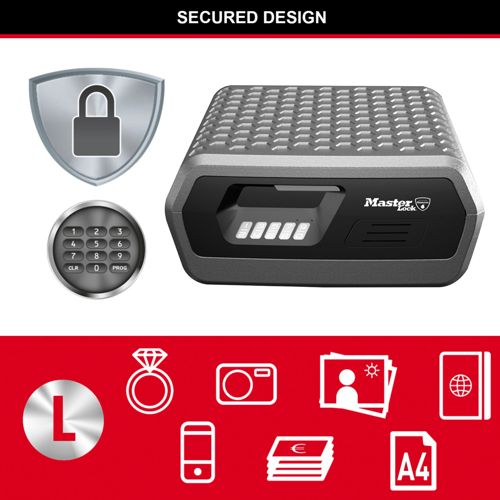 Diseño seguro Master Lock con cerradura digital, teclado e íconos de objetos valiosos.