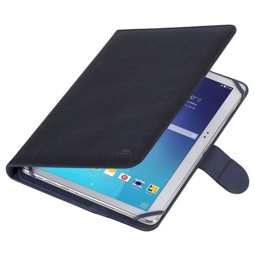 Tablet blu scuro con copertina aperta. Mostra app e ora.