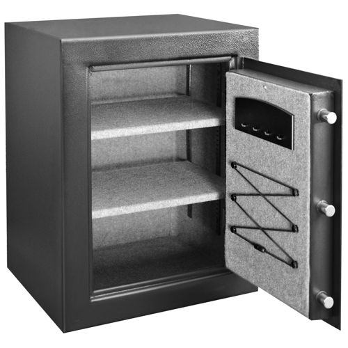 Una caja fuerte negra abierta con dos estantes y una cerradura digital en el interior de la puerta.