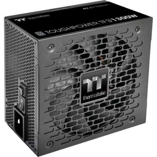 Un alimentatore Thermaltake nero con griglia della ventola e interruttore.