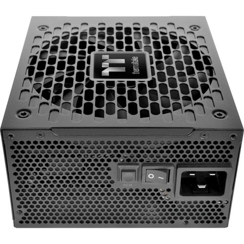 Alimentatore nero con logo Thermaltake, griglia ventola e interruttori.