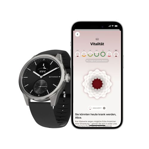 Un orologio e uno smartphone mostrano dati di vitalità. L'orologio mostra 37.5°C.
