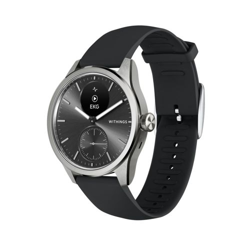 Uno smartwatch argentato con cinturino nero e quadrante scuro che mostra un'icona ECG.