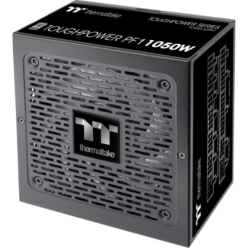Czarny zasilacz Thermaltake z kratką wentylacyjną i logo.