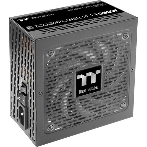 Czarny zasilacz Thermaltake Toughpower PF1 1050W z kratką wentylacyjną i logo.