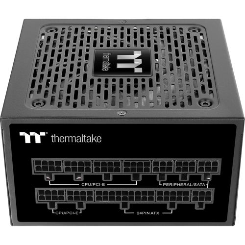 Czarny zasilacz Thermaltake z portami oznaczonymi CPU/PCI-E, Peripheral/SATA i 24PIN ATX.
