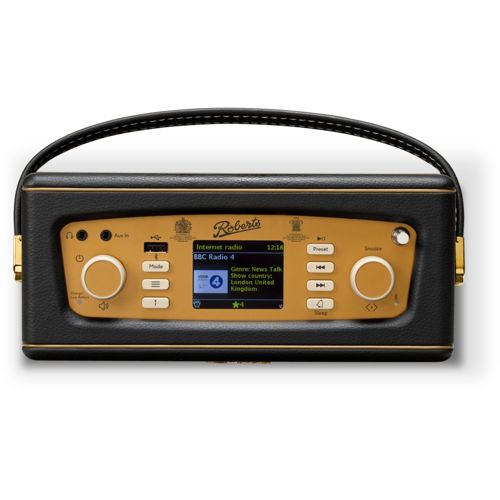 Een zwarte Roberts internetradio met gouden accenten en handvat.