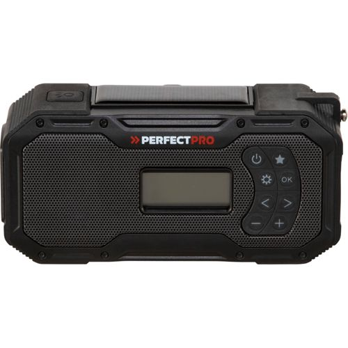 Radio nera e robusta con logo "PERFECTPRO", display e pulsanti di controllo.