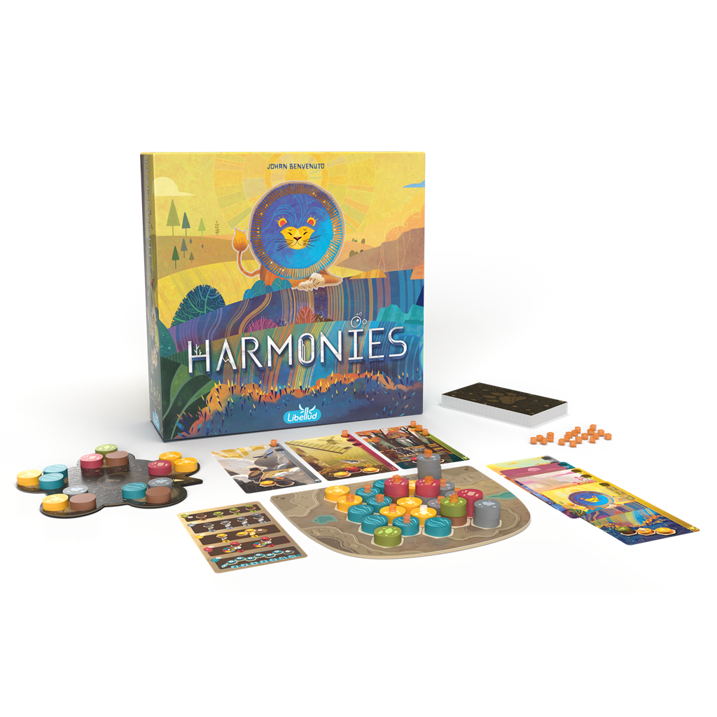 Juego de mesa Harmonies con motivo de león, tablero, cartas y fichas coloridas.
