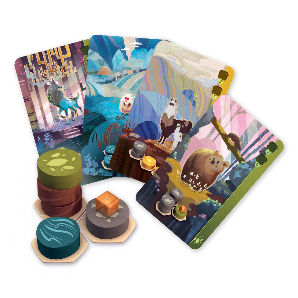 Cartas de juego con animales y paisajes coloridos, fichas en primer plano.