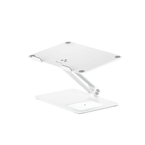 Ein weißer, verstellbarer Laptopständer in schlankem, modernem Design auf weißem Grund.