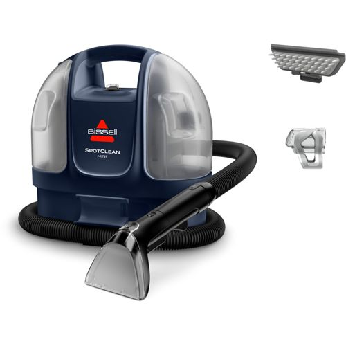 Pulitore per tappeti Bissell SpotClean Mini blu scuro con tubo e due accessori.