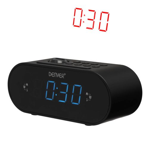 Ein schwarzer Denver Radiowecker mit blauer Digitalanzeige zeigt 0:30 an.