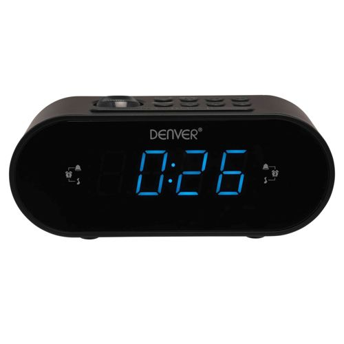 Schwarzer Digitalwecker mit blauen Ziffern, zeigt 0:26 an.