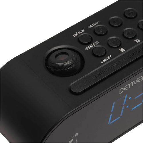 Schwarzer Digitalwecker mit Projektionslinse und Tasten oben.