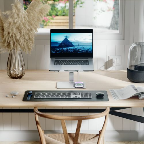 Eine moderne Schreibtisch-Einrichtung mit Laptop, Tastatur, Maus und Trockenblumen.