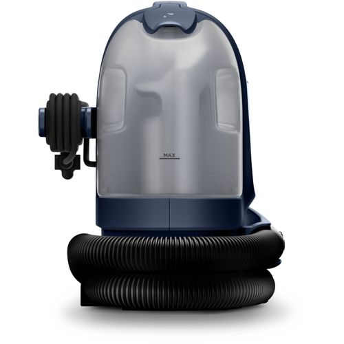 Pulitore a vapore blu scuro con serbatoio trasparente e tubo nero.
