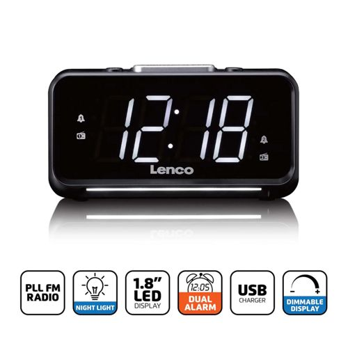 Ein schwarzer Lenco Wecker mit digitaler Anzeige von 12:18 Uhr.