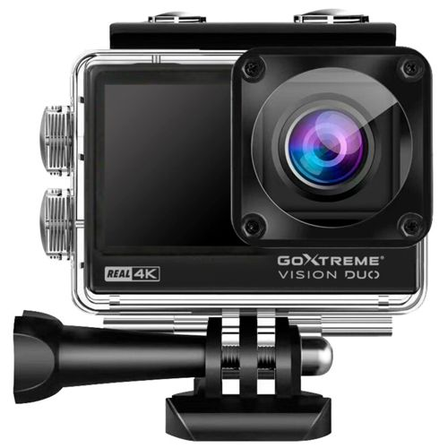 Eine schwarze GoXtreme Vision Duo Action-Kamera mit silbernem Rahmen, Display und Objektiv.