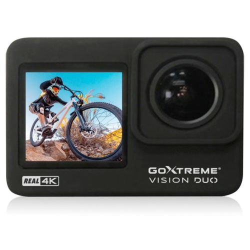 Schwarze Actionkamera zeigt Mountainbiker. Text: REAL 4K, GOXTREME VISION DUO.