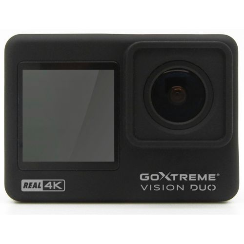 Schwarze Goxtreme Vision Duo Action-Kamera mit 4K-Auflösung und Bildschirm.