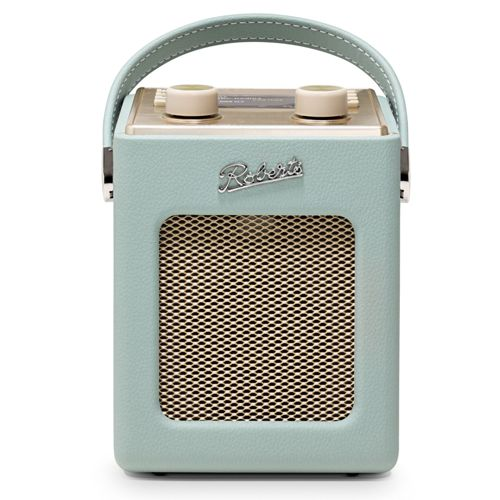 Una radio retrò azzurra con manico in pelle e manopole color crema.