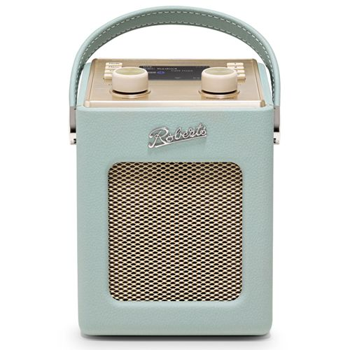 Una radio Roberts azzurra con manico in pelle e manopole color crema.