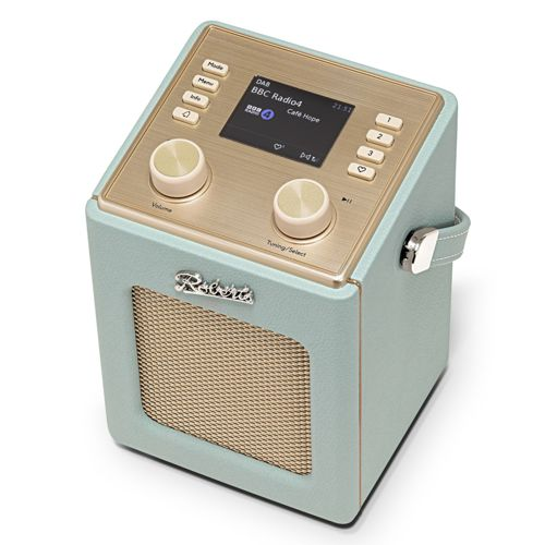 Una radio DAB Roberts azzurro chiaro con controlli dorati e griglia dell'altoparlante.