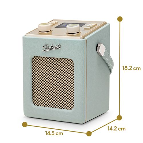 Una radio retrò verde chiaro con griglia altoparlante e manopole.
