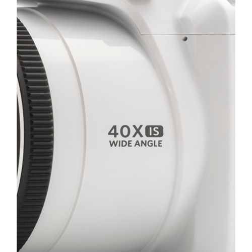 Gros plan d'un appareil photo blanc avec zoom optique 40X et grand angle.