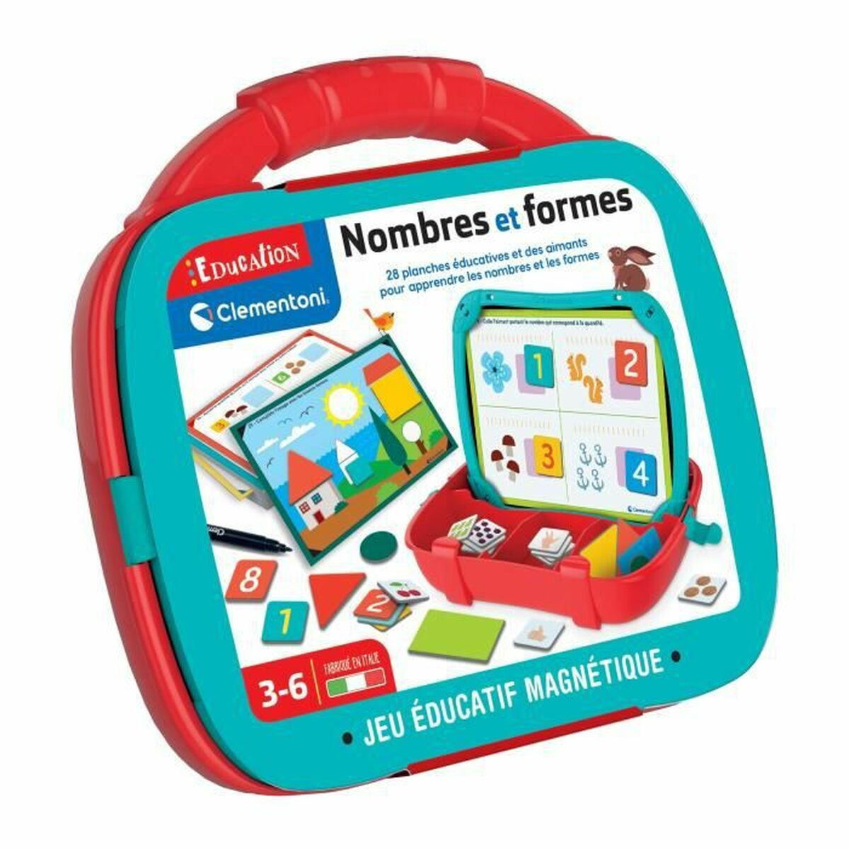 Juego educativo magnético rojo con tarjetas para números y formas, para niños de 3-6 años.