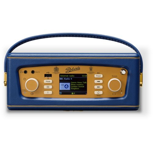 Blue Roberts radio with gold accents and digital display showing BBC Radio 4.