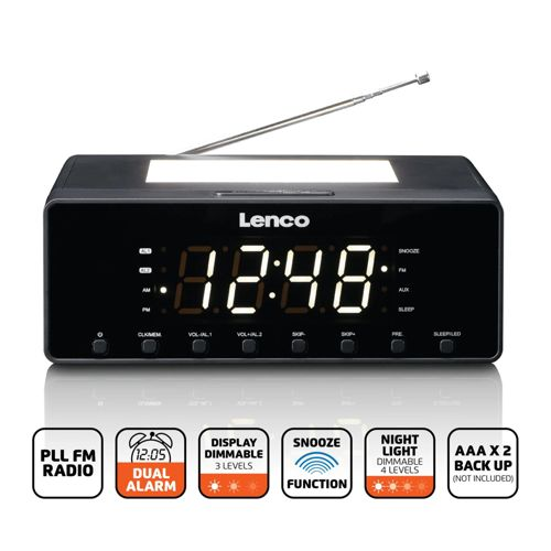 Black Lenco digital alarm clock with bright display and radio antenna.