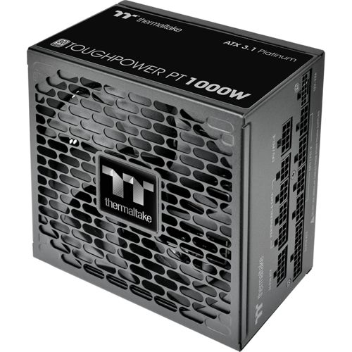 Un alimentatore Thermaltake nero con griglia della ventola e connettori.
