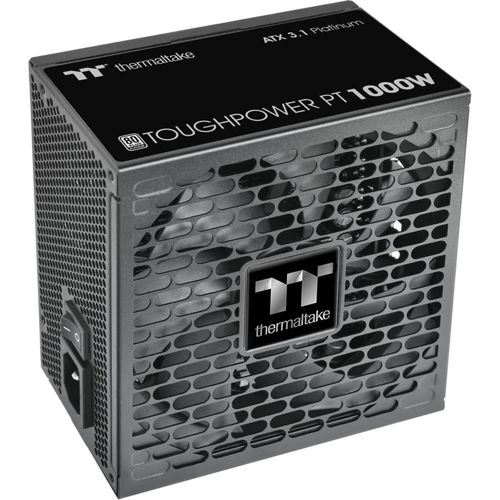 Alimentatore nero con griglia della ventola e logo Thermaltake.