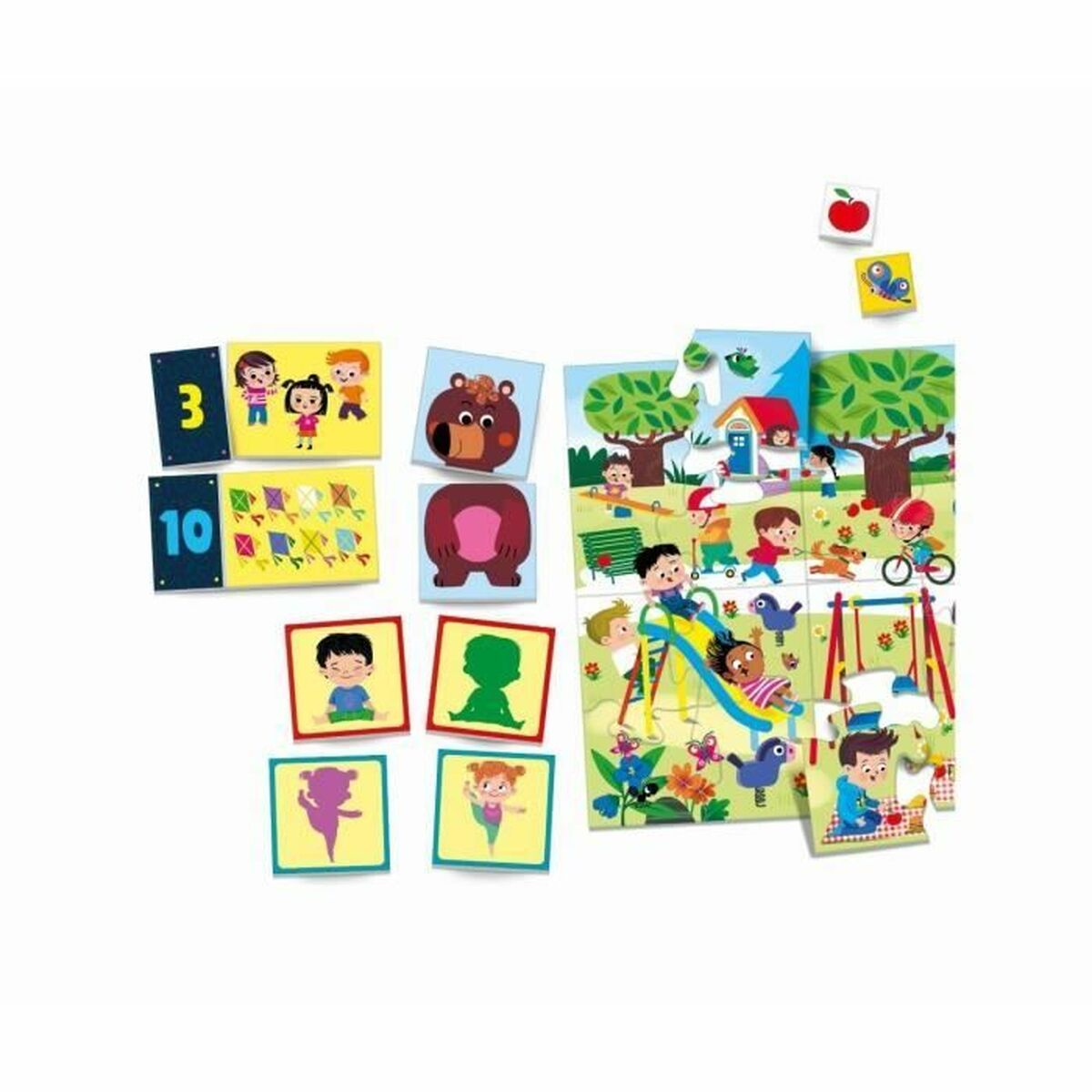 Puzles con niños, animales y números sobre fondo blanco.
