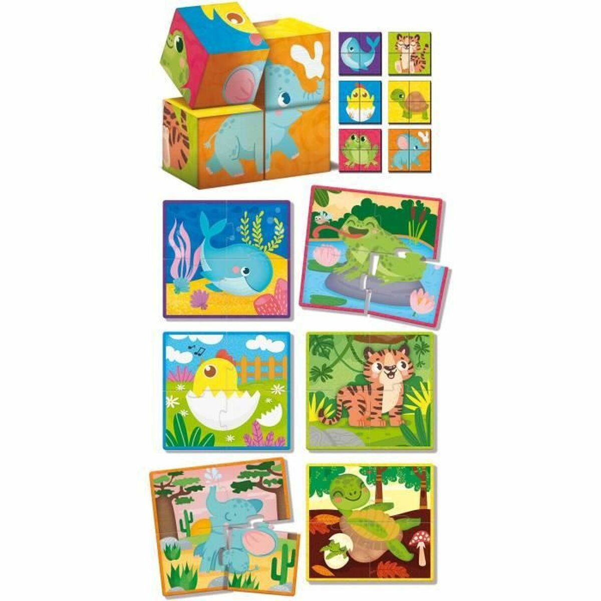 Bunte Kinderpuzzle mit Tieren: Elefant, Tiger, Wal, Frosch, Küken, Schildkröte.